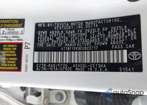 2014 Toyota Camry Se z USA, uszkodzony, nr VIN 4T1BF1FK9EU822717